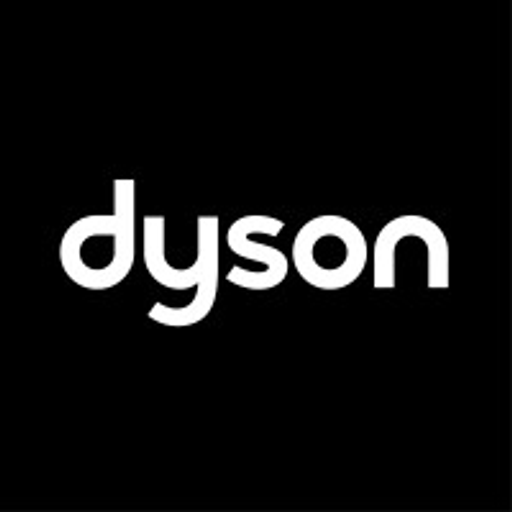 The Dyson logo is prominently displayed in white against a black background The iconic cyclone vacuum cleaner design is