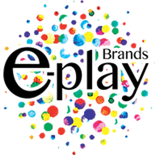 A vibrant logo featuring eplay brands llc with scattered colorful paint splatters adding a playful and dynamic effect