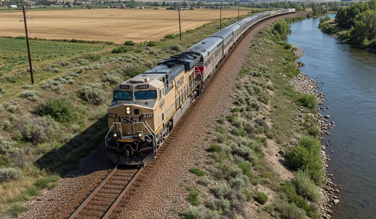 A freight train travels along a railway line beside a river with a rocky bank The train appears to be moving quickly and is
