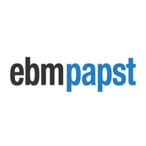 A blue and white EBM Papst Inc logo featuring a fan blade design representing industrial ventilation technology