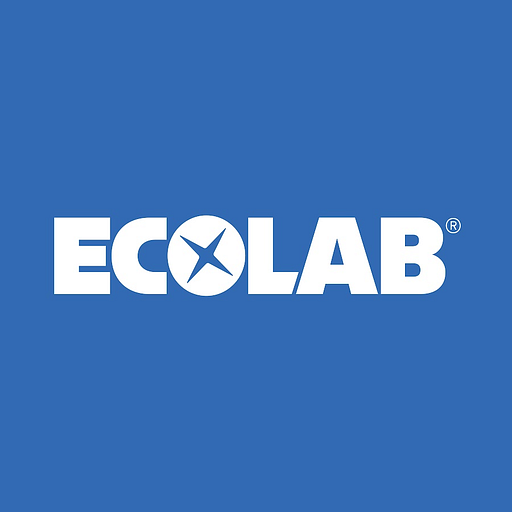 The Ecolab Inc logo features a blue shield with white text reading Ecolab and a stylized water droplet emblem within the