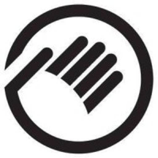 A stylized hand silhouette extends upward suggesting growth or reaching The logo features a simple black hand design