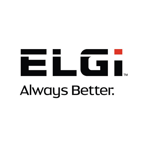 The Elgi compressor logo displays the companys name and a stylized emblem representing air compressors