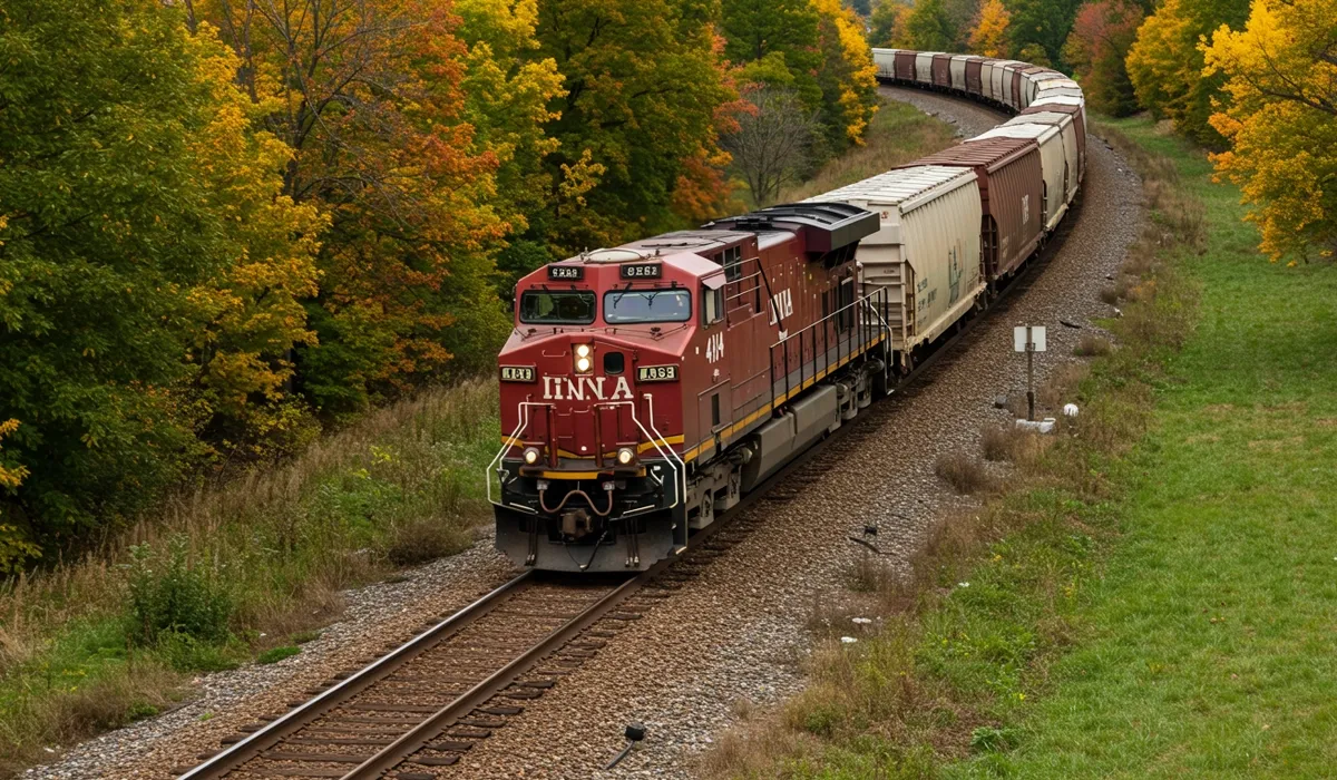 A freight train travels along a gravel track in Indiana A long black locomotive leads a string of rail cars in motion