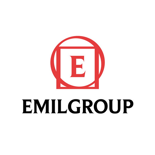 The Emil America Inc logo features a red shield with a white stylized E inside and the text America Inc below it
