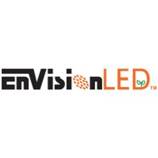 Envision LED lighting inc logo depicts a stylized leaf design incorporating the companys name and color palette