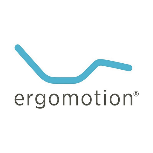 Ergomotion Inc logo featuring a stylized blue figure representing ergonomic design and movement