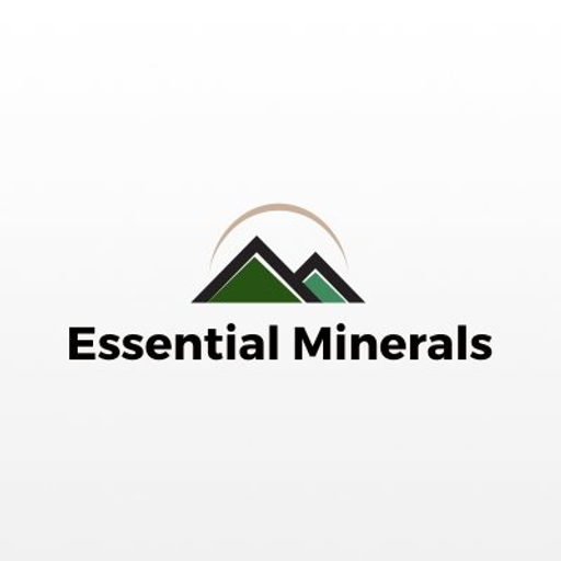 Essential Minerals LLC logo featuring a stylized mountain range against a circular background The logo uses green and white