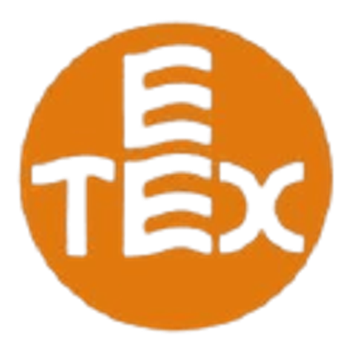 A stylized orange and white logo featuring eteX America Inc with a distinctive circular design and bold typography