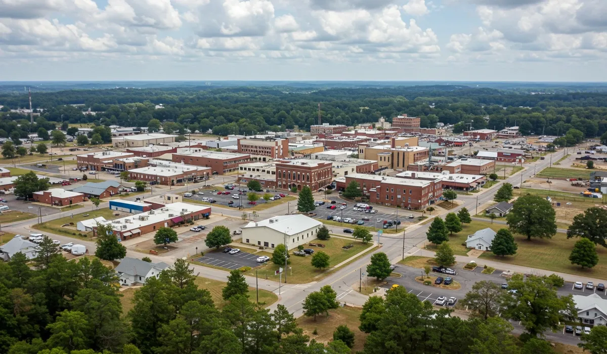 Aerial view of a historic downtown Fairfield Alabama business district featuring red brick buildings and a paved street