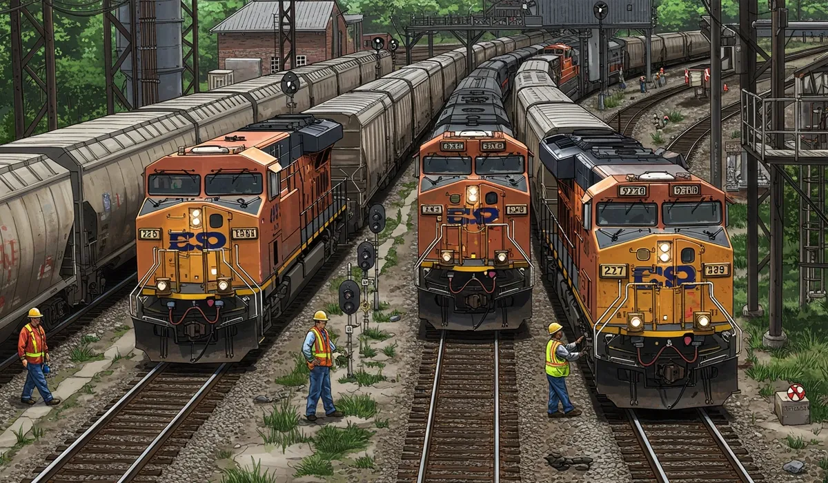Three orange safety vests stand near a set of railroad tracks A freight train sits on the tracks with a blurred background