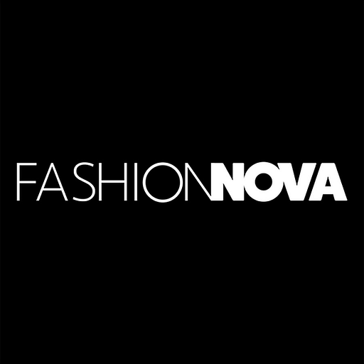 A white logo featuring Fashion Nova in a bold font with a stylized V graphic and a pink accent color