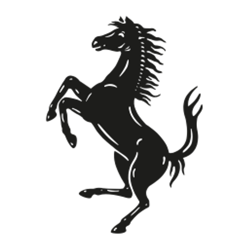 A rearing black horse symbolizes power and speed representing the Ferrari North America Inc logo