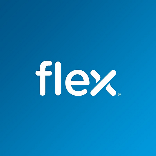 Flex Films Inc logo displays a white stylized wordmark against a blue background representing the companys name and brand