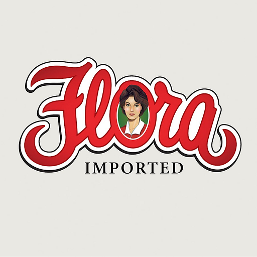 A woman in a red and white dress smiles holding a fine foods product a stylized brand logo