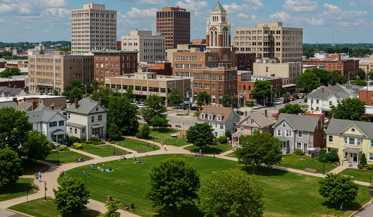A wide aerial view showcases a vibrant green park surrounded by historic brick buildings and a prominent skyscraper in Fort