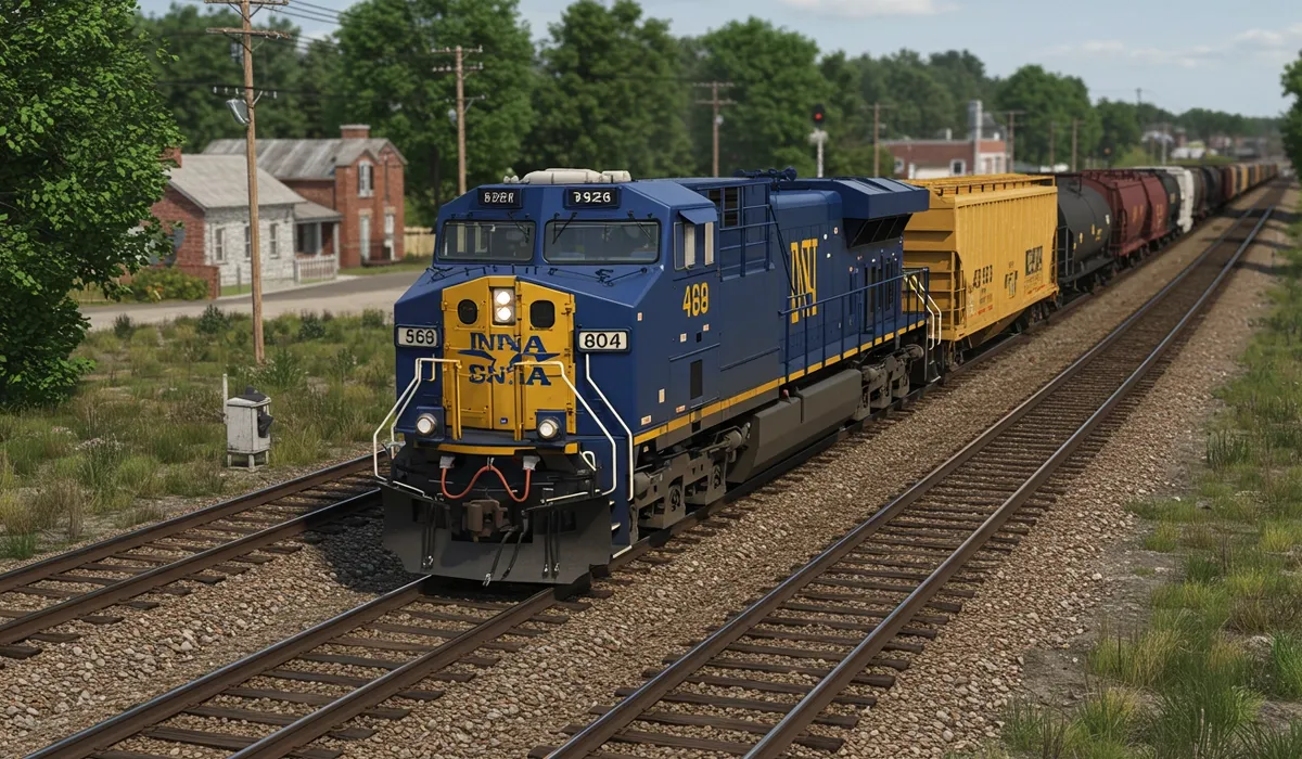 A freight train travels along a railroad track near residential buildings with brick structures and a streetcar