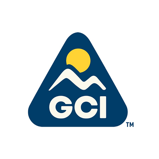 GCI Outdoor Inc logo featuring a stylized mountain peak against a solid blue background highlighting outdoor branding