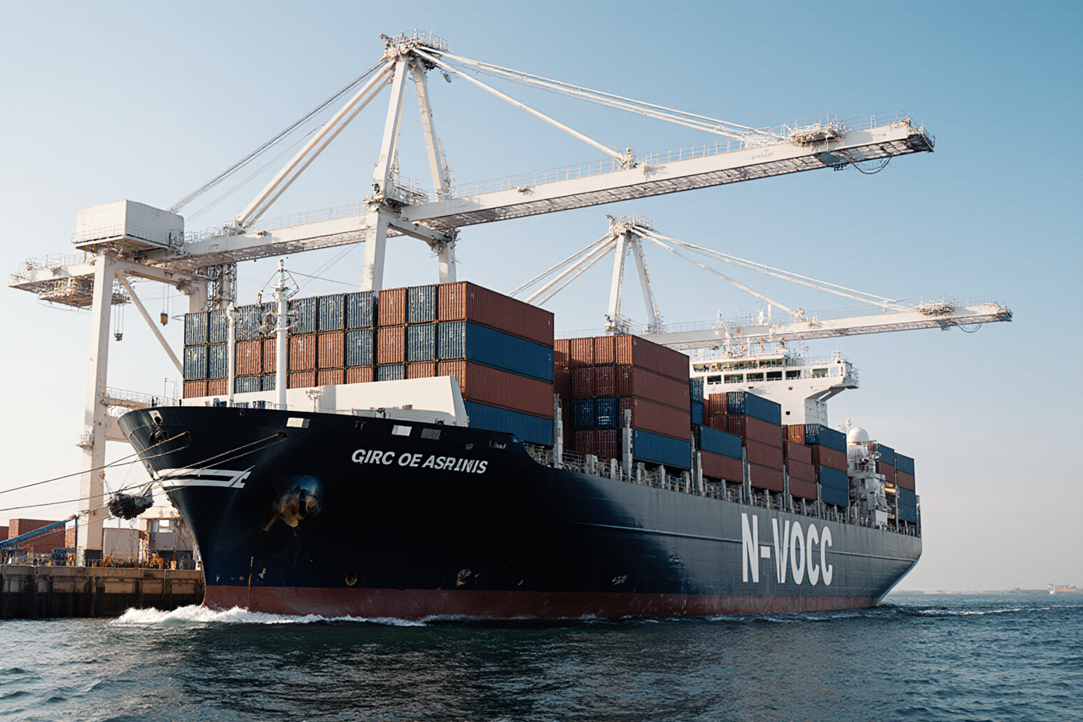 A dark ship named Across the Ocean approaches with prominent white cranes in the background at a port
