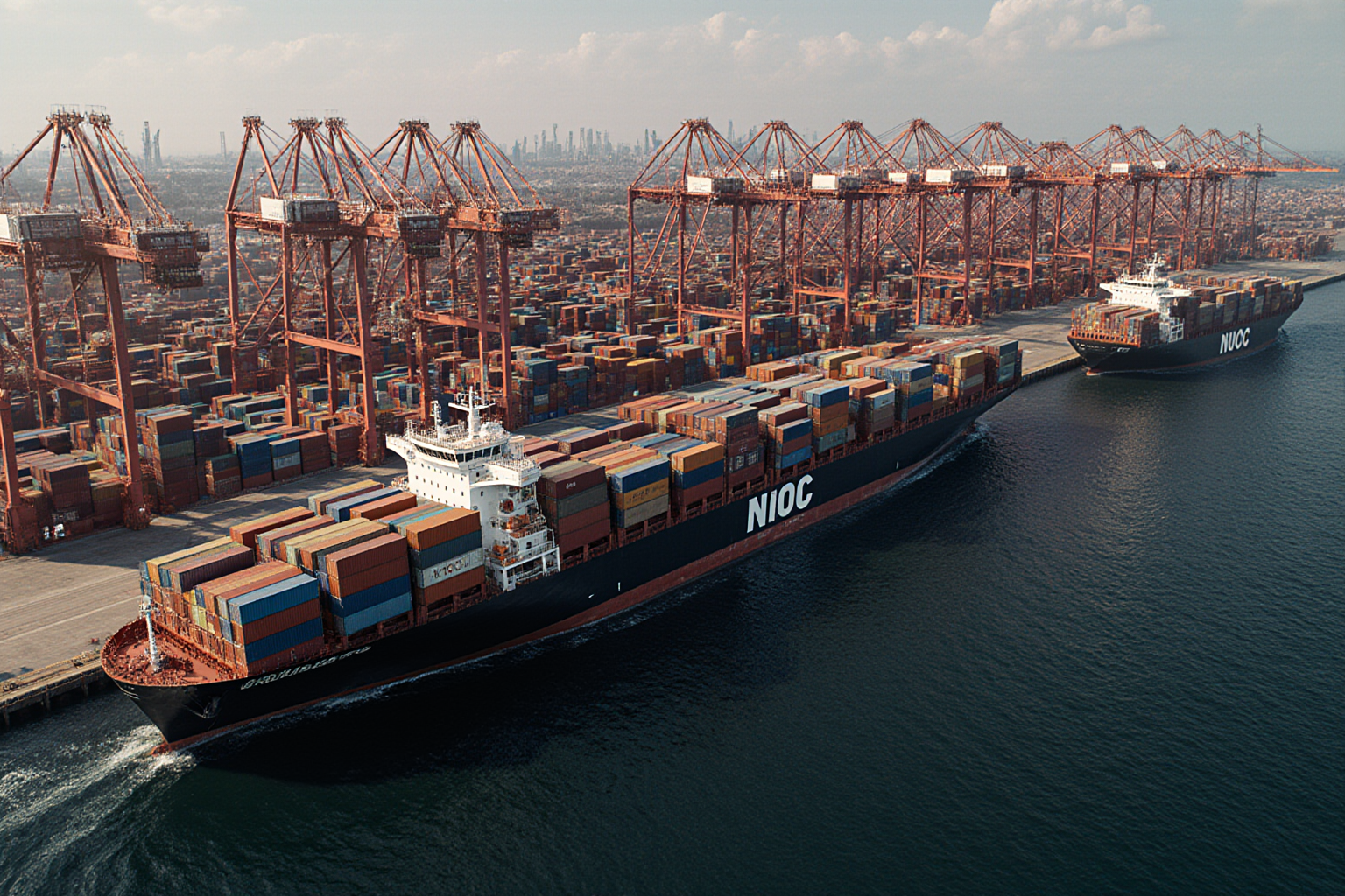 A large container ship navigates a busy port filled with towering cranes and cargo containers in a maritime setting