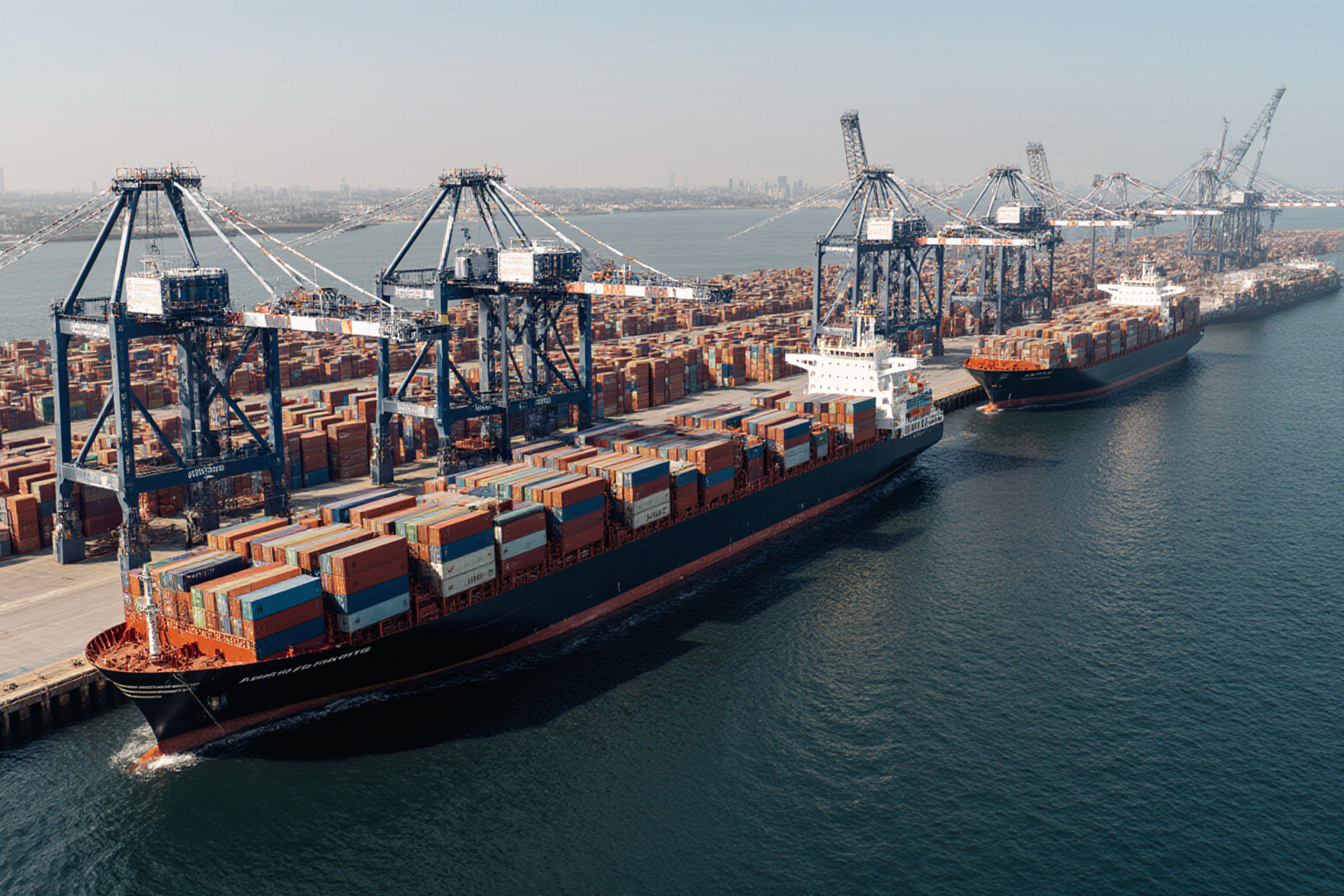A large black container ship navigates a busy harbor with towering cranes loading cargo containers a major maritime scene