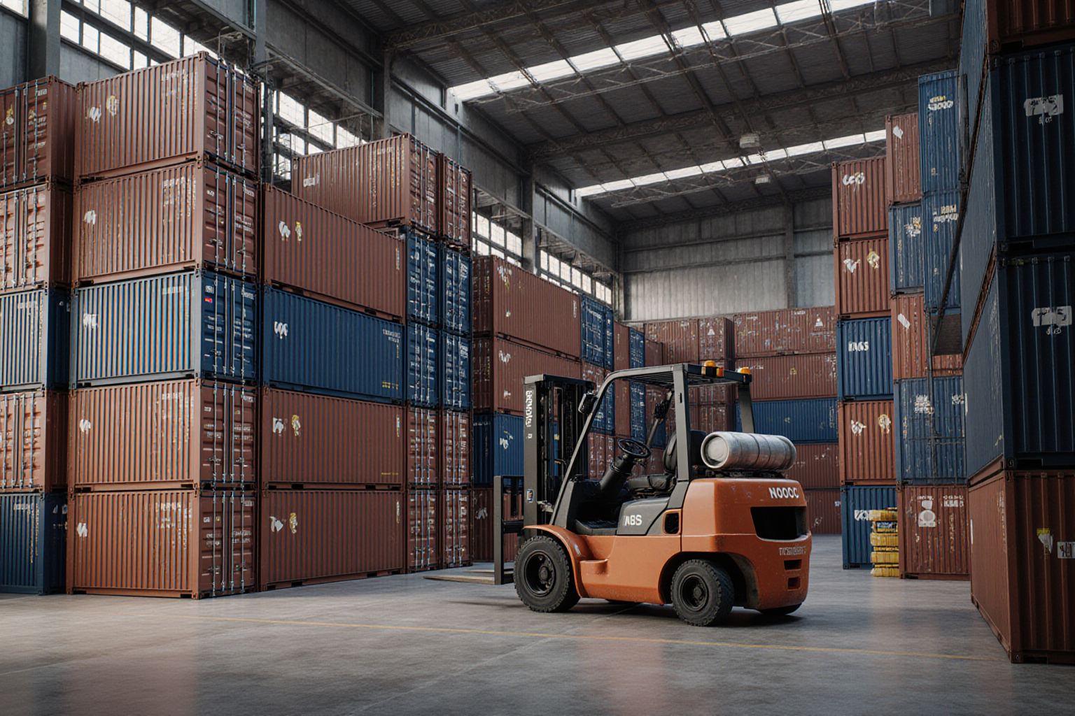A forklift operates within a vast warehouse filled with numerous stacked shipping containers in various shades of brown