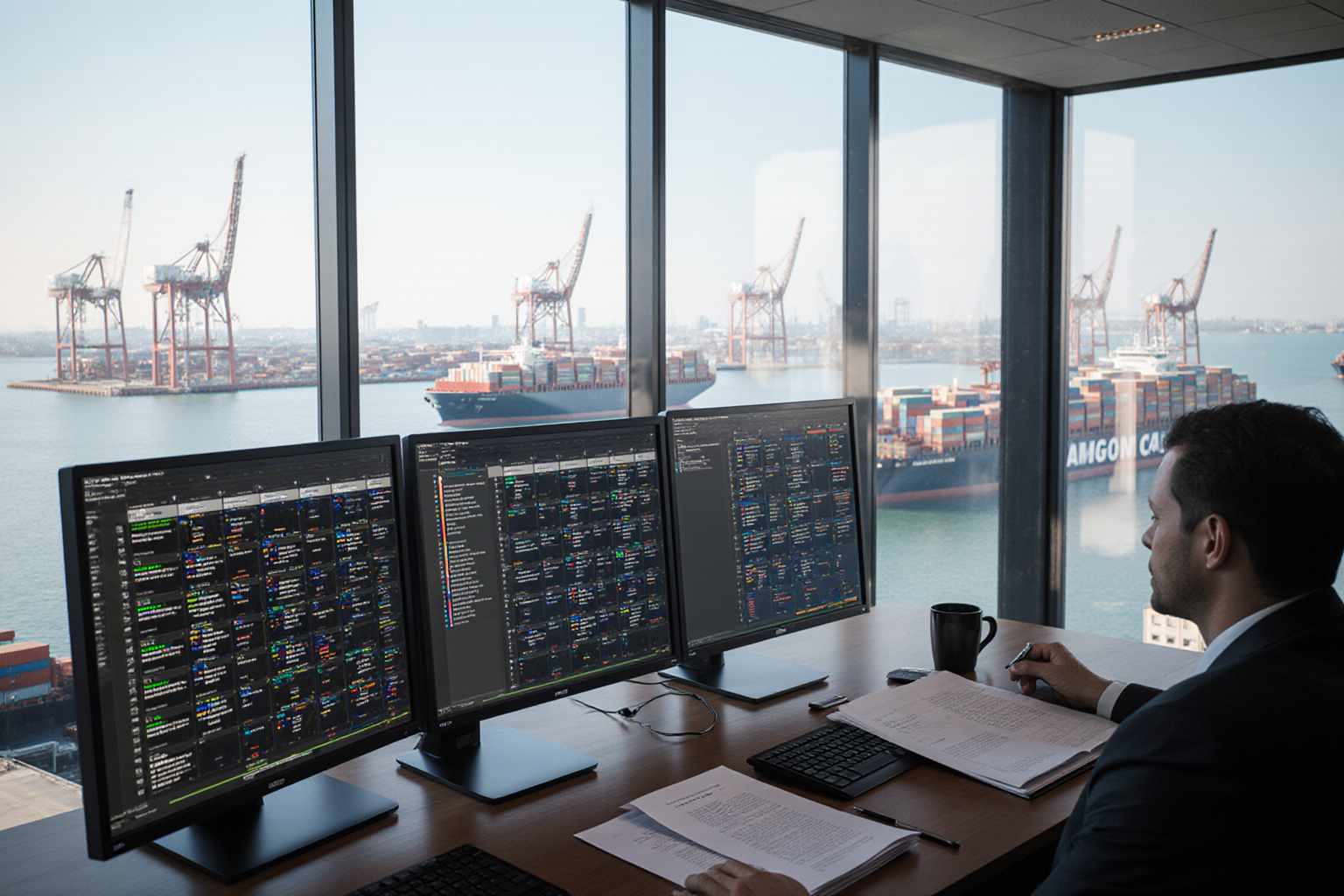 A businessman sits at a desk reviewing documents while multiple computer monitors display data in a modern office setting