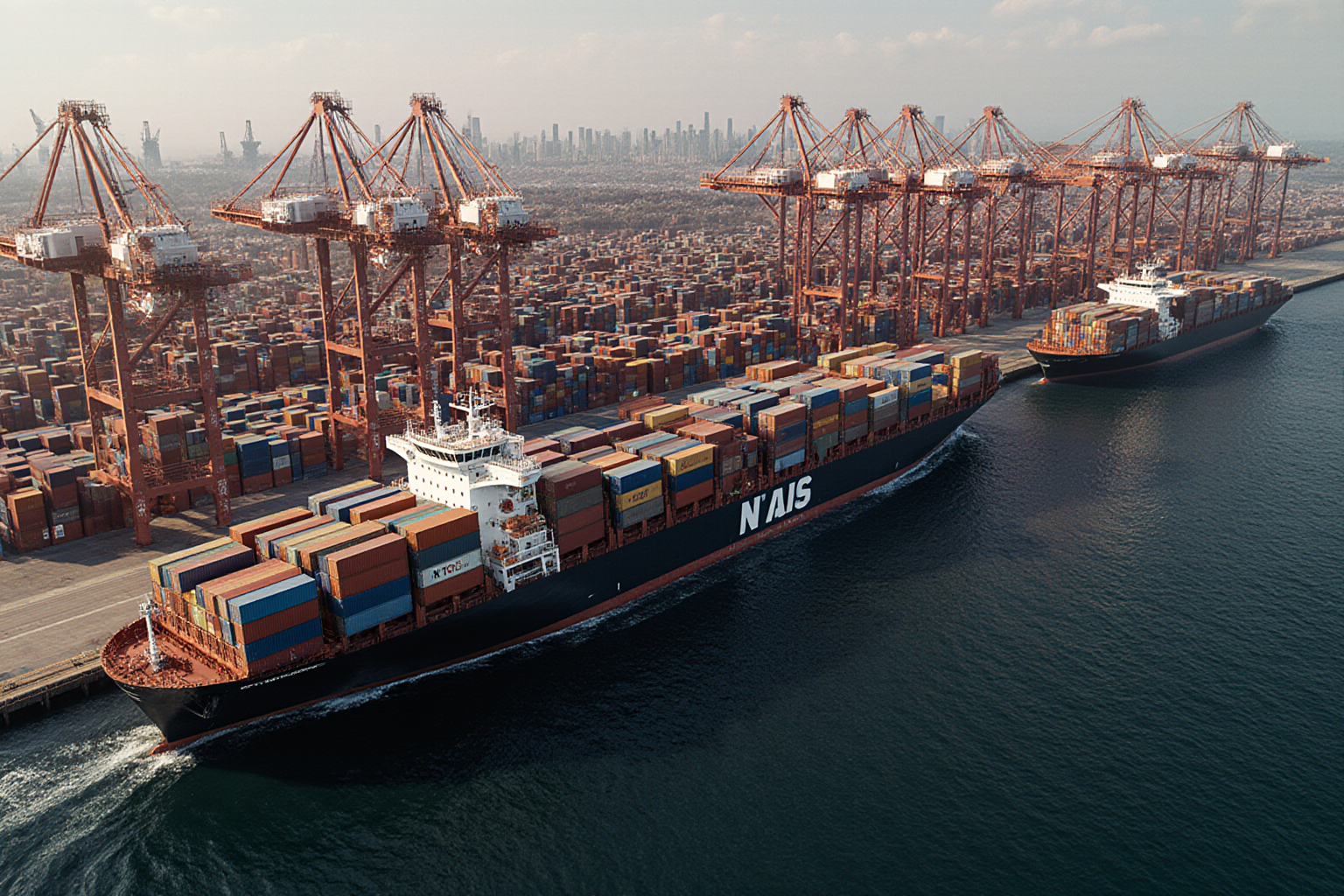A large container ship navigates the ocean with a prominent white superstructure and dark hull under a cloudy sky