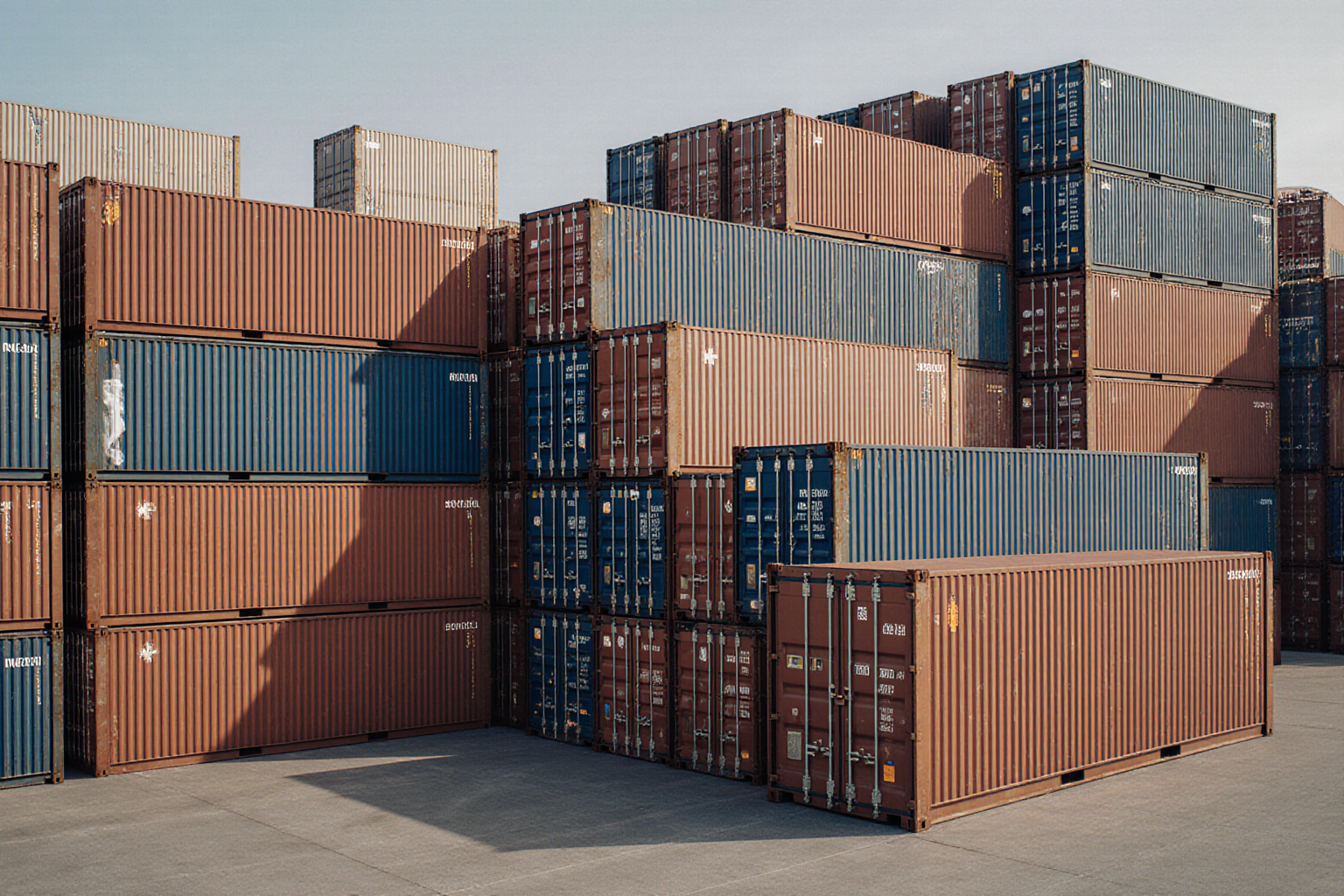 A row of orange shipping containers sits on a gray concrete surface with no visible action or figures present