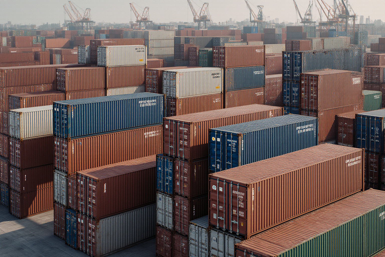 Stacks of shipping containers fill the scene a busy port with cranes in the background suggest cargo transport and logistics