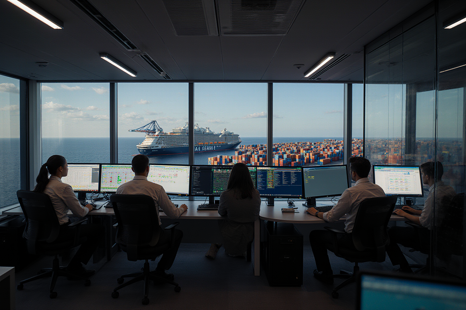 A businessman sits at a modern desk analyzing charts on multiple computer screens with a blurred ocean view outside
