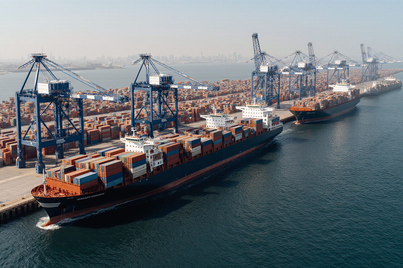 A large container ship navigates a busy harbor with towering cranes and a port skyline in the background
