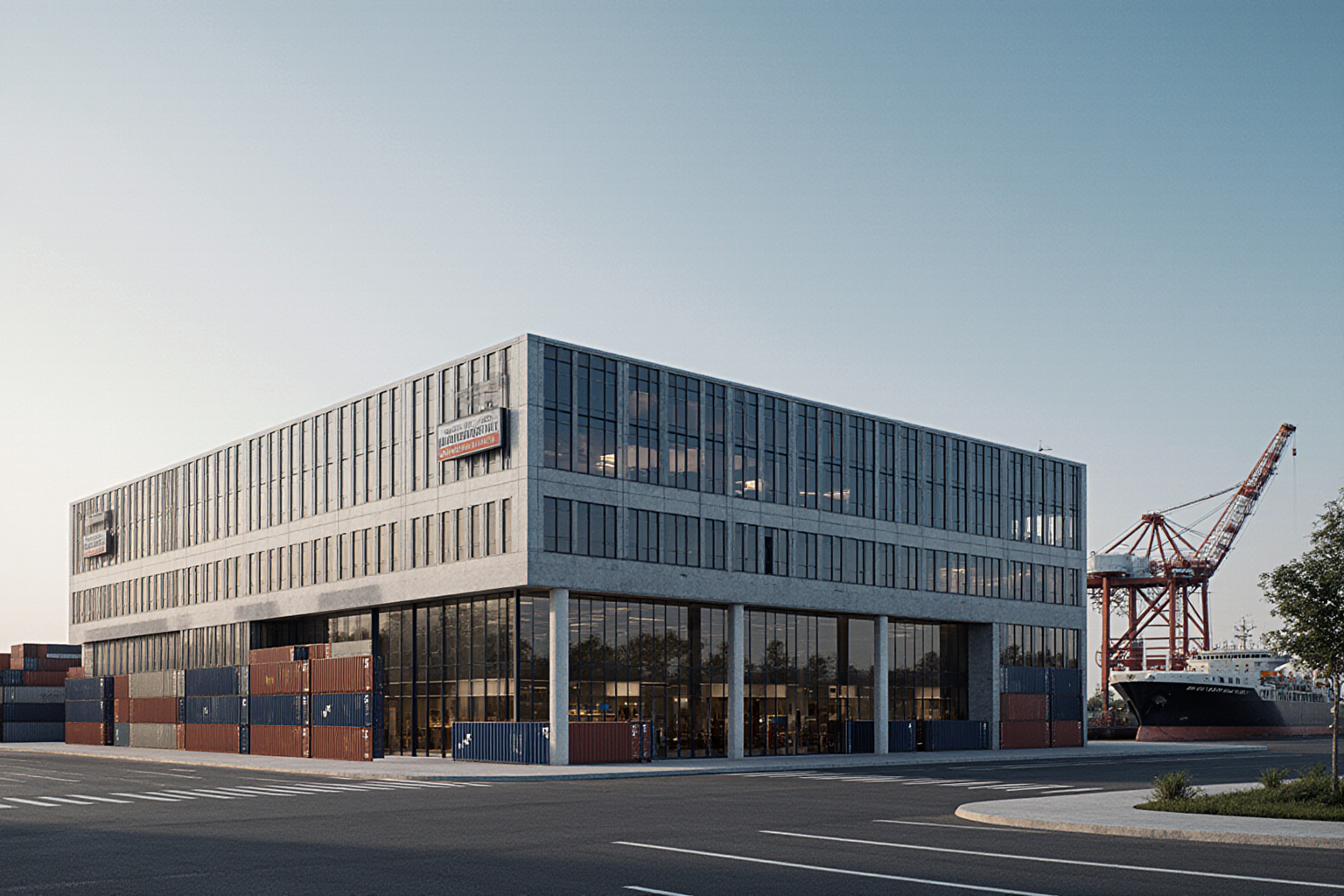 A modern gray warehouse building features a large crane lifting shipping containers from a nearby dock area
