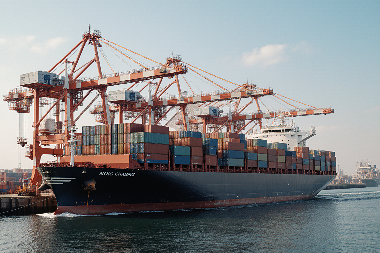 A large container ship navigates a harbor with towering cranes unloading cargo amidst a hazy cityscape