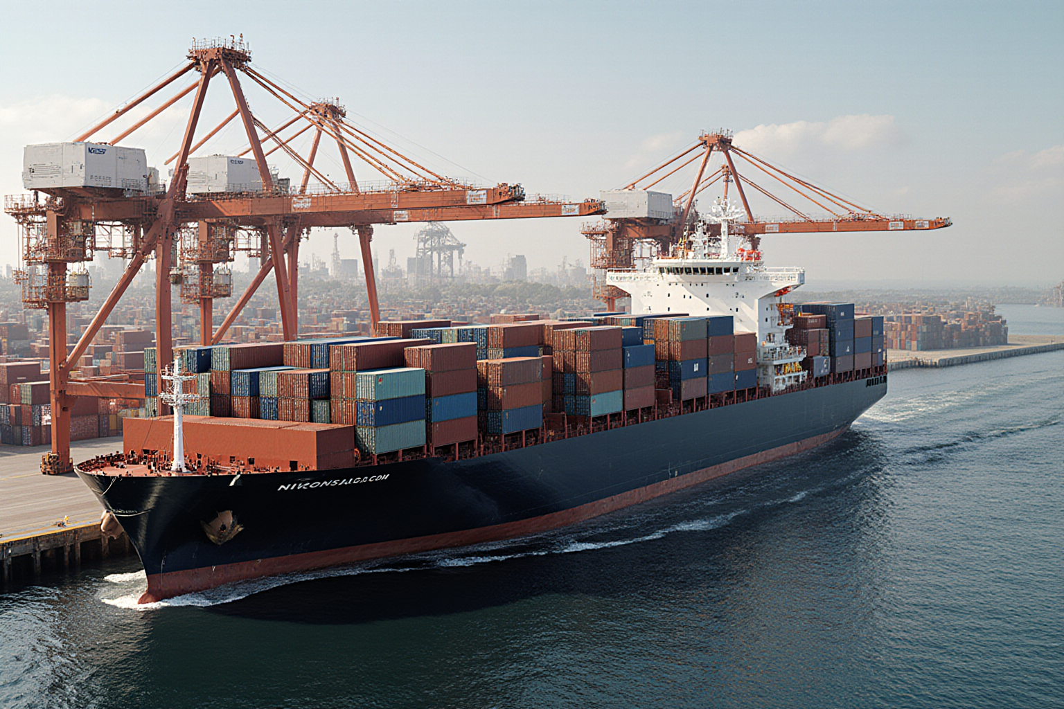 A large container ship navigates a waterway near a towering crane terminal with prominent red cargo handling equipment