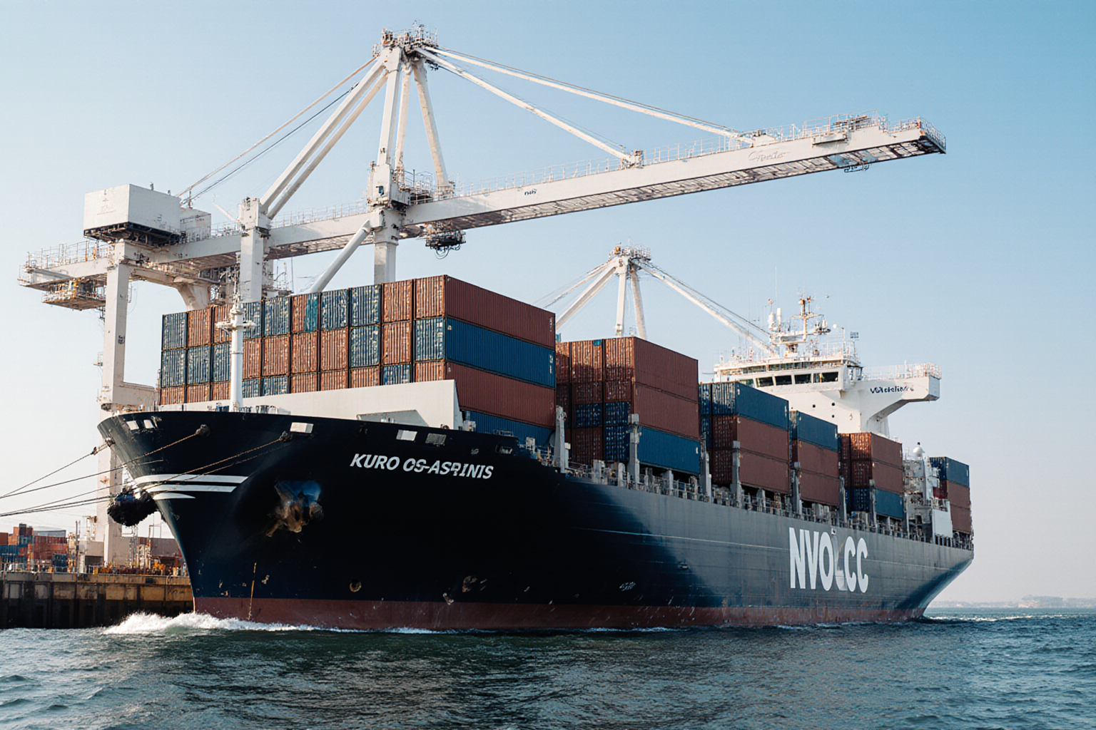A large black container ship the Kuros ASIRIS navigates the ocean water with a prominent crane