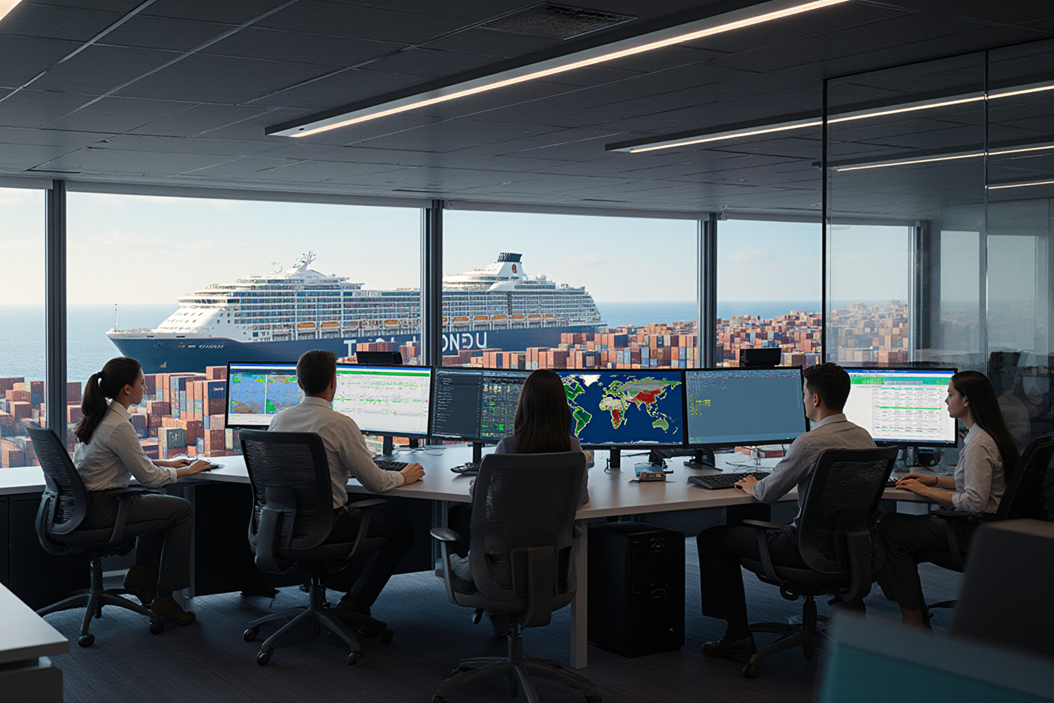 Several people sit at desks in a modern office focused on computer monitors displaying charts and data suggesting a
