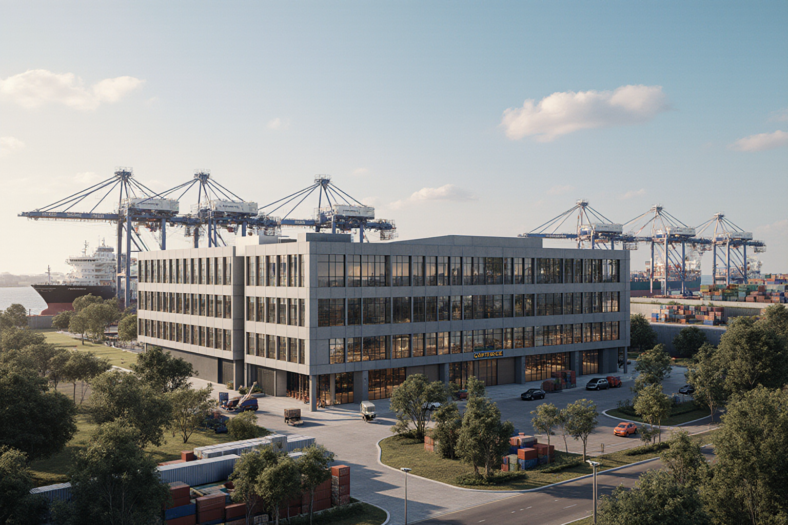 A modern warehouse building features towering cranes loading containersa global logistics hub is evident