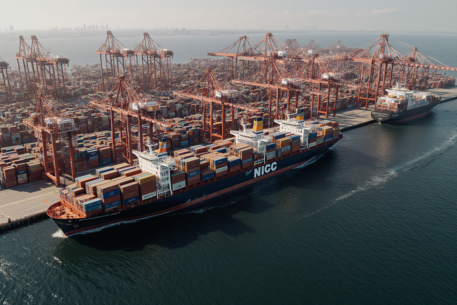 A large container ship navigates a busy harbor filled with towering cranes and a dark ocean background