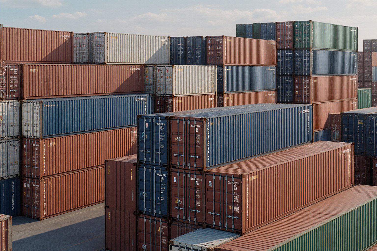 Stacked shipping containers dominate the scene in a gray industrial area Numerous containers fill the frame highlighting a