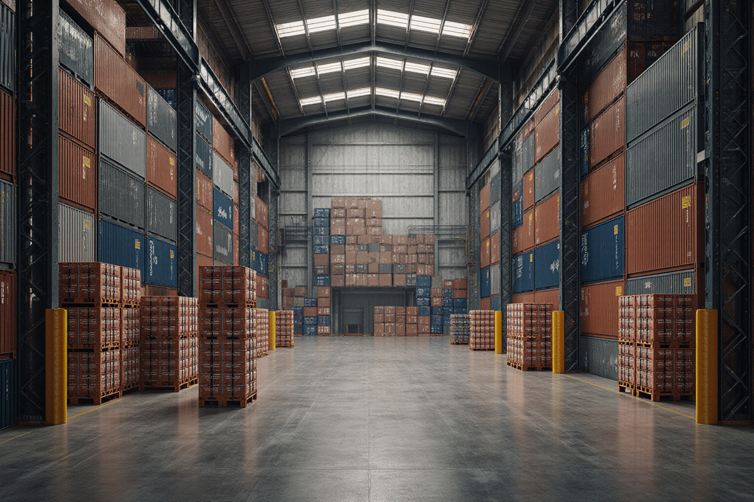 Stacked orange and white shipping containers fill a vast gray warehouse with dark floors and bright yellow accents for safety