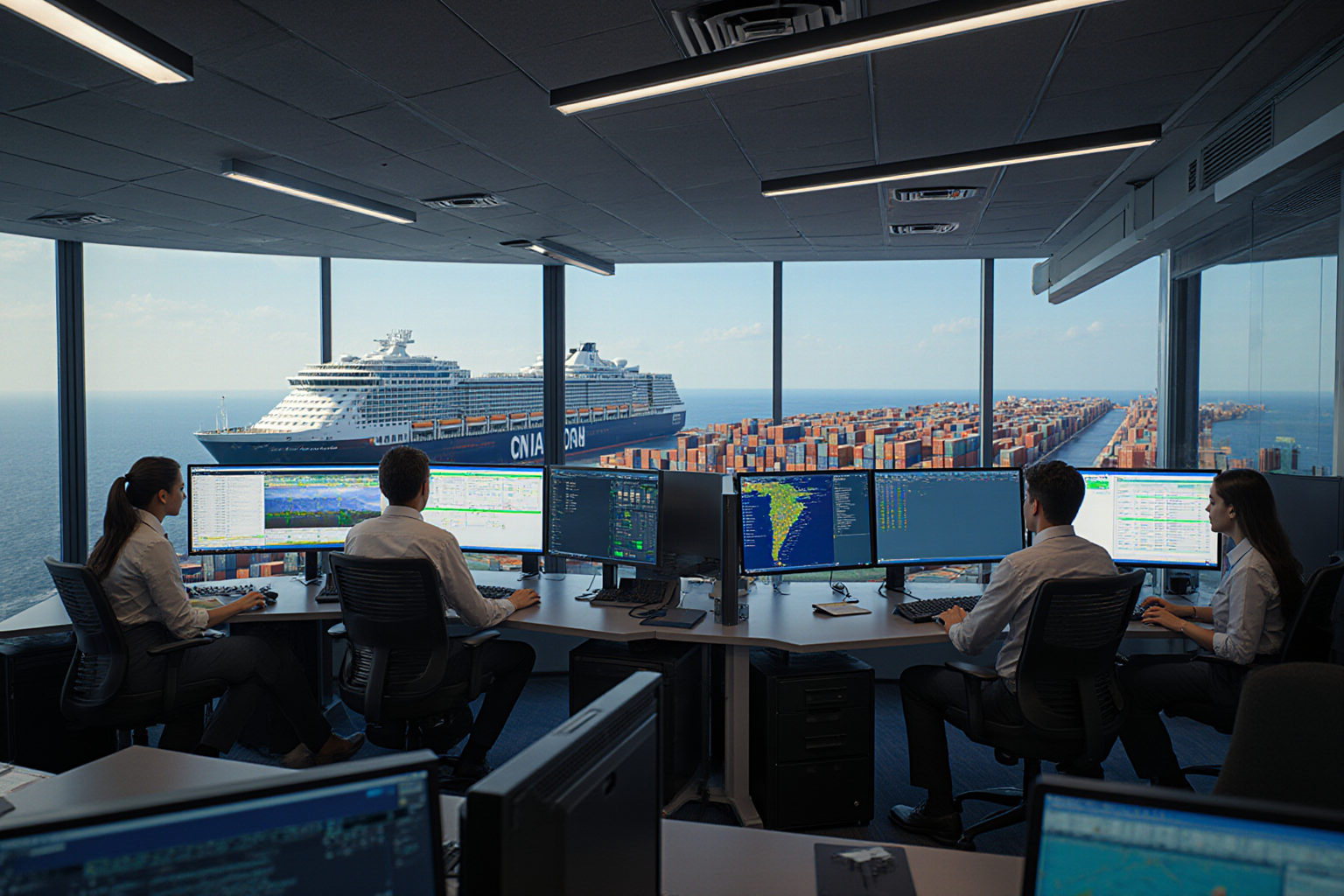 Several professionals work at computer monitors in a modern office setting overlooking a vast ocean with a distant ship