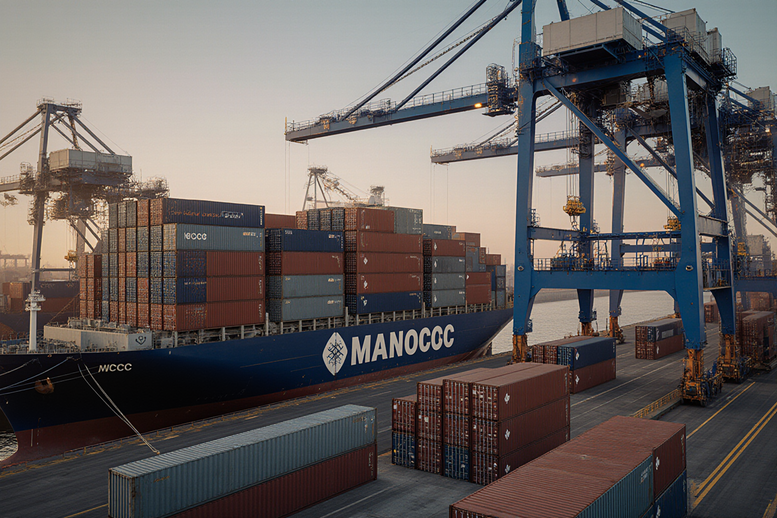 A large container ship sits in a harbor with towering cranes unloading cargo a typical scene of maritime commerce