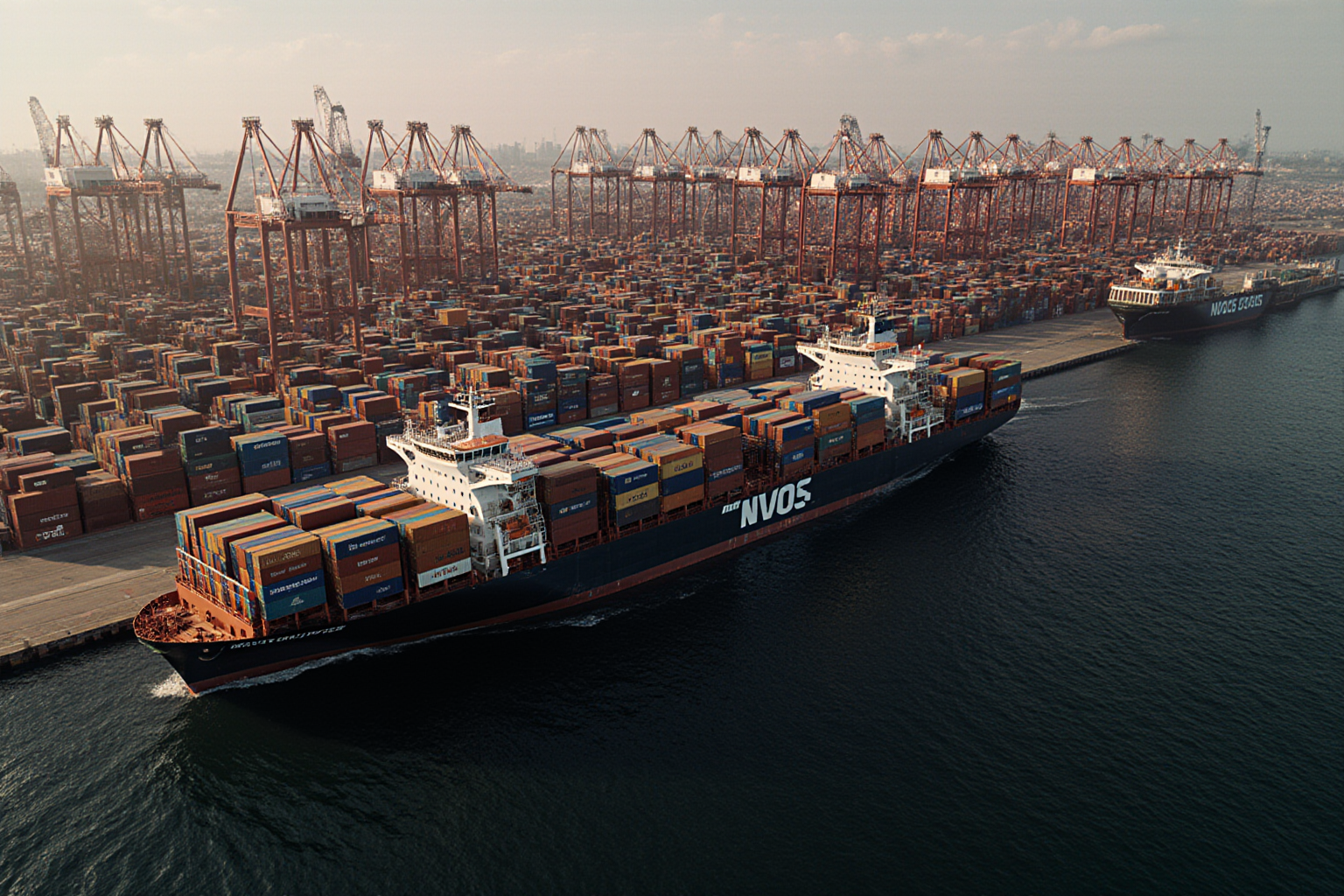 A large cargo ship navigates dark waters emphasizing its size and maritime activity against the open ocean