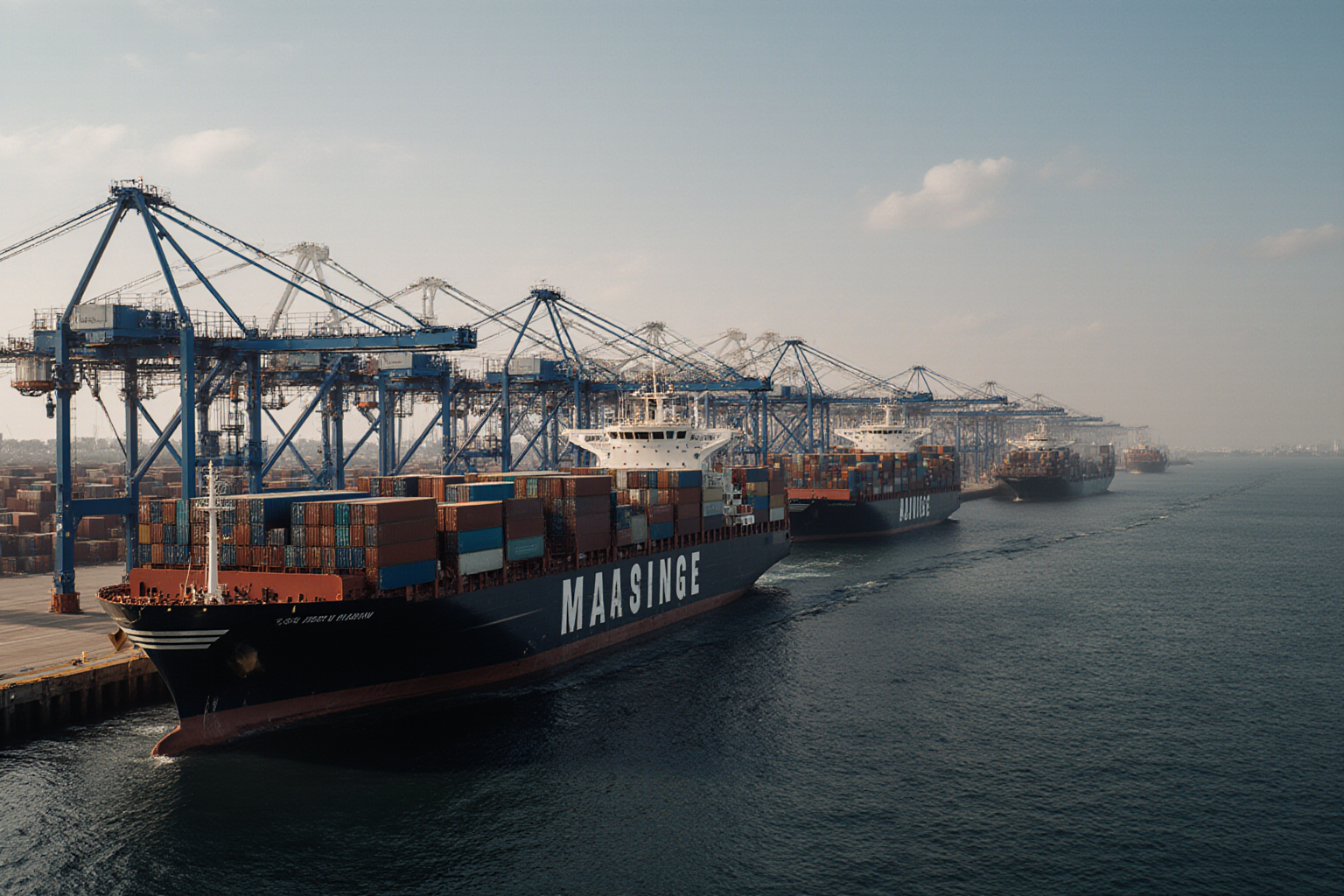 A large container ship navigates a waterway alongside towering blue port cranes at a busy harbor