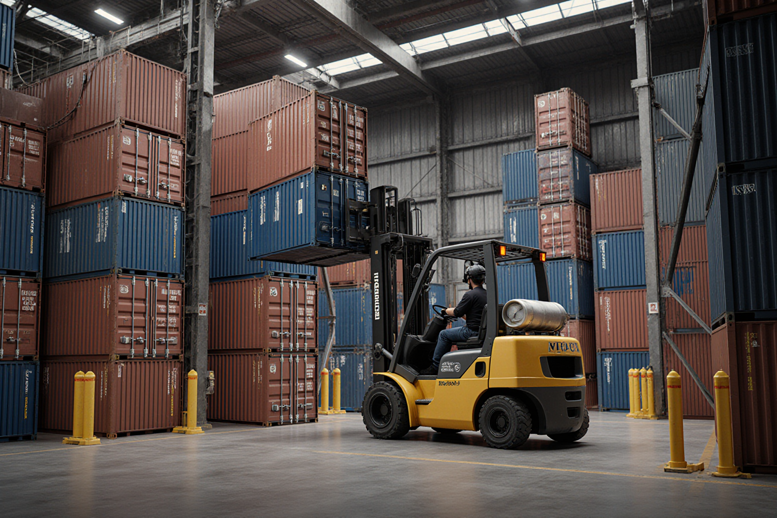 A yellow forklift operates within a large warehouse filled with stacked containers