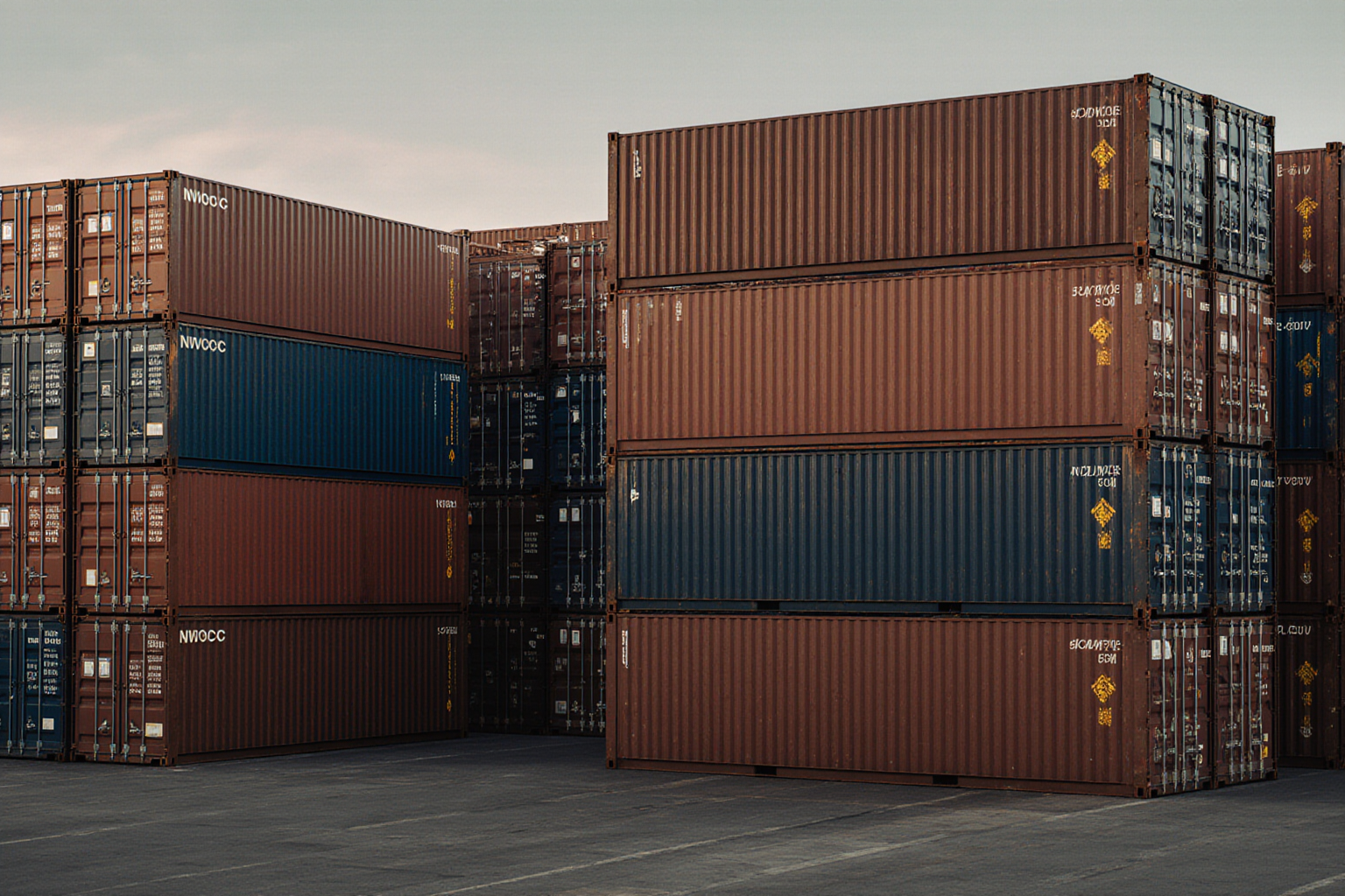 A row of stacked shipping containers dominates the scene with varying sizes and a dark grey surface visible below