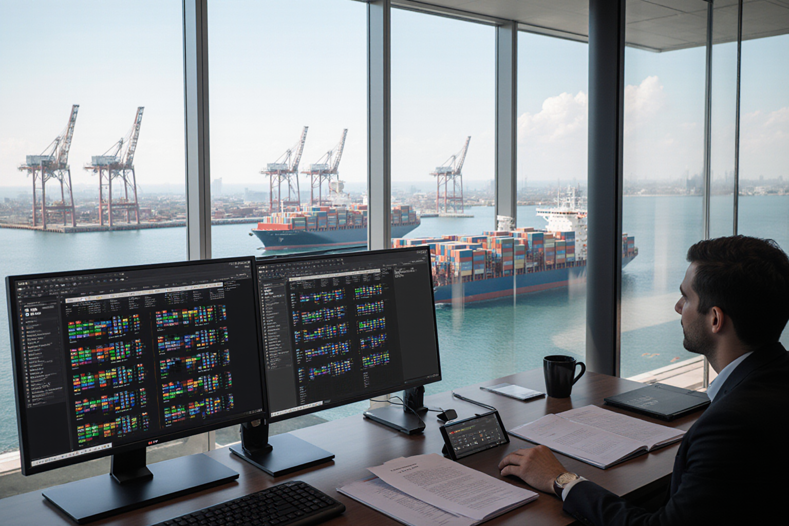 A businessman sits at a desk overlooking a busy port with numerous container ships and cranes visible in the distance