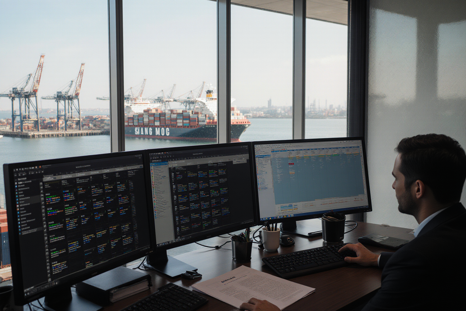 A man sits at a desk reviewing documents with multiple computer monitors in an office setting overlooking a busy harbor with