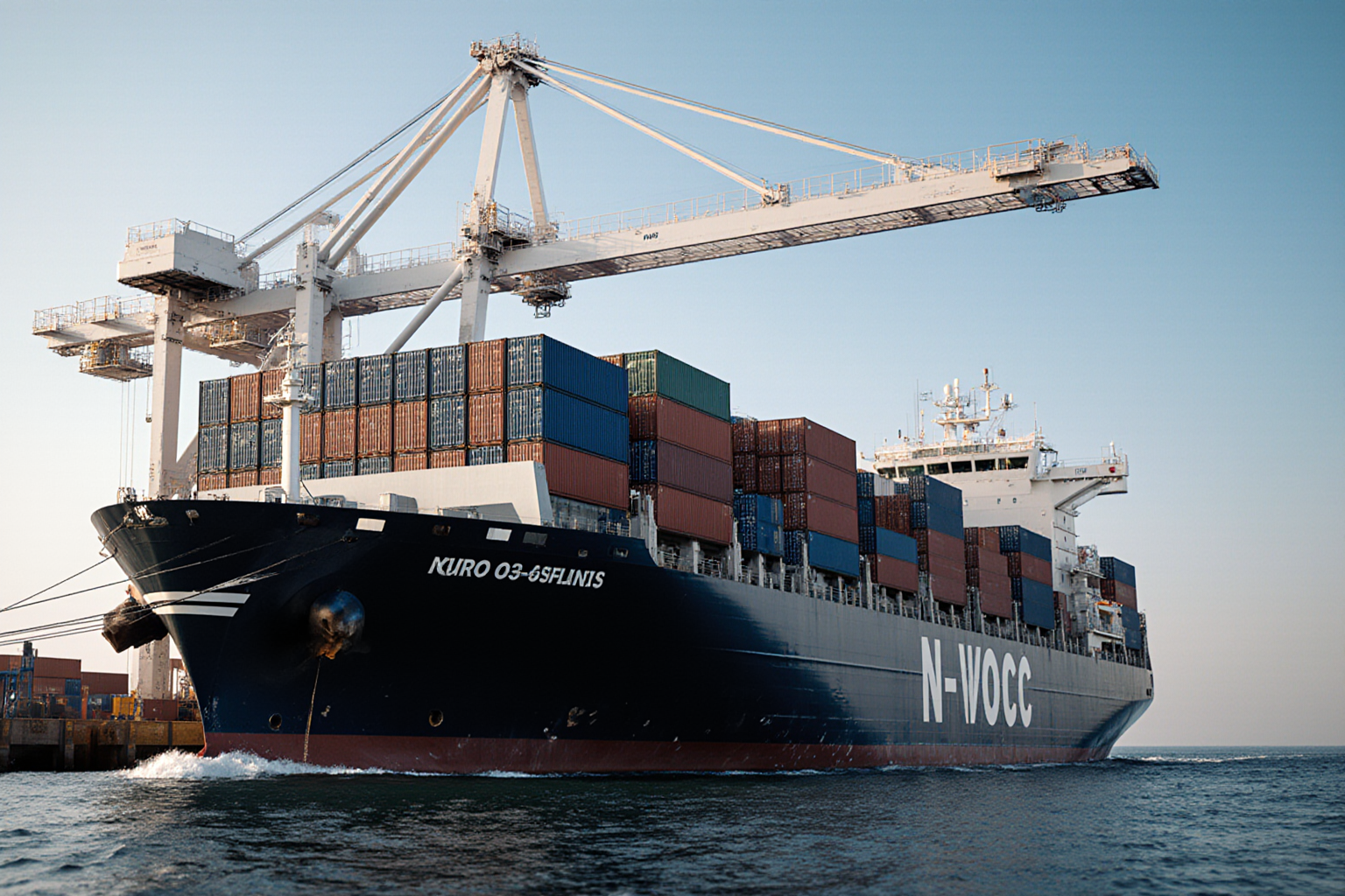 A large container ship navigates the water with a prominent crane on deck and a dark hull